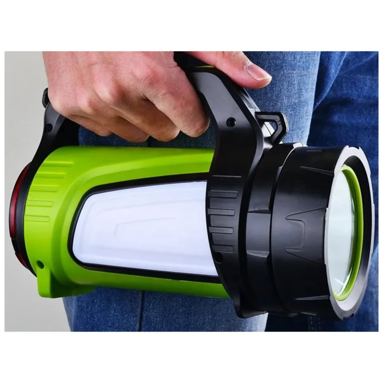 Akkumulátoros LED keresőlámpa és sátorvilágítás powerbank funkcióval, USB töltés, fekete-zöld