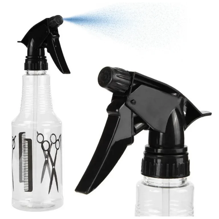 Fodrászati kézi permetező, átlátszó műanyag palack, fekete fej, 250 ml, 25x7 cm