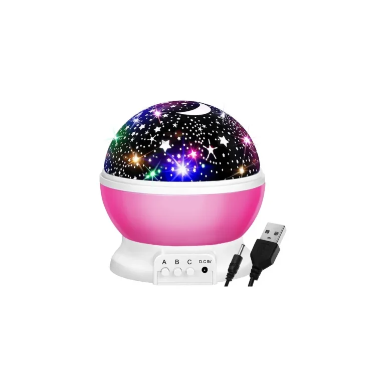 Éjszakai LED projektor, csillagos ég mintás, 1W, 13x13,5 cm, USB töltés, rózsaszín