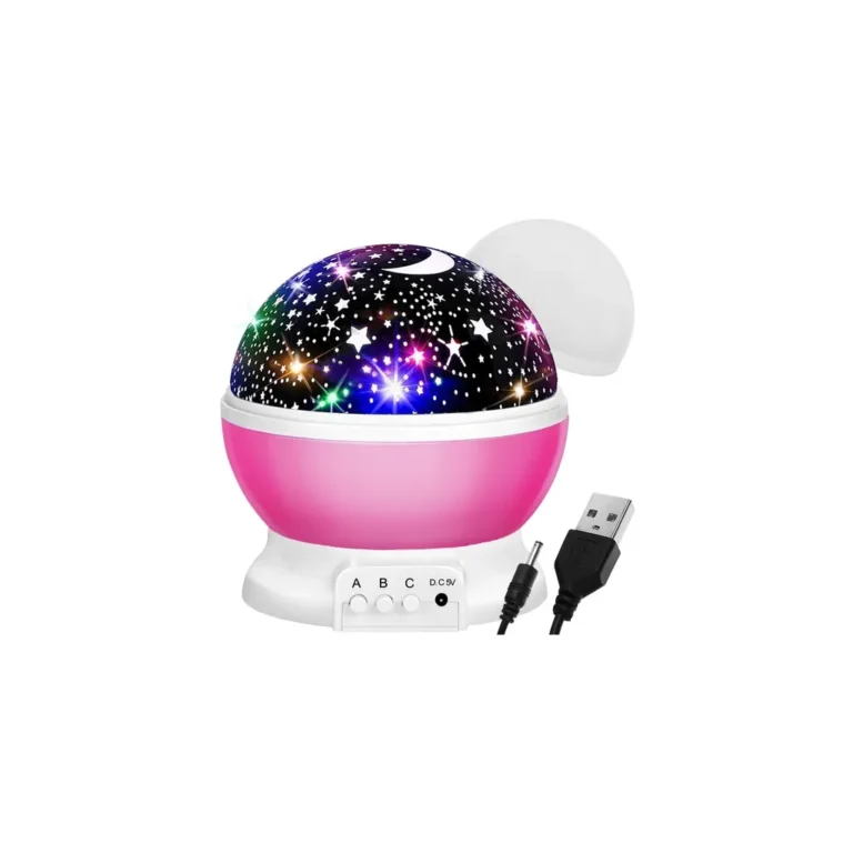 Éjszakai LED projektor, csillagos ég mintás, 1W, 13x13,5 cm, USB töltés, rózsaszín