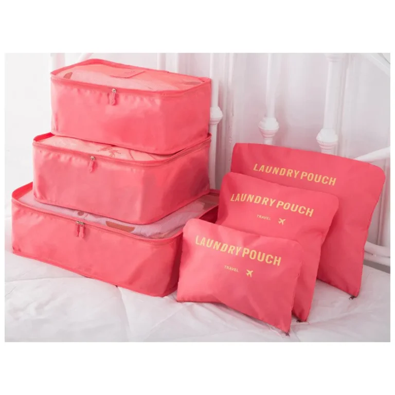 Bőröndszervező cipzáros tároló táskák, 6 különféle méretben, lazac szín
