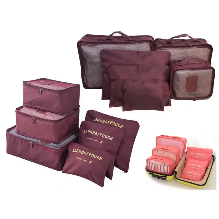 Bőröndszervező cipzáros tároló táskák, 6 különféle méretben, bordó