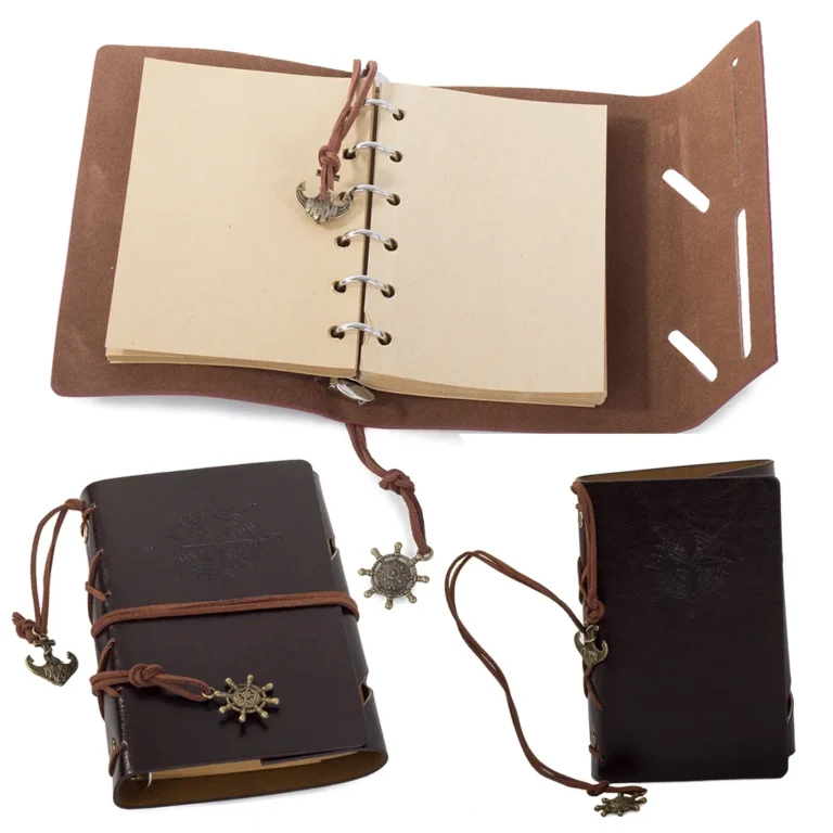 Jegyzetfüzet, napló, vintage tengerész mintás műbőr kötéssel, 10x15 cm, barna