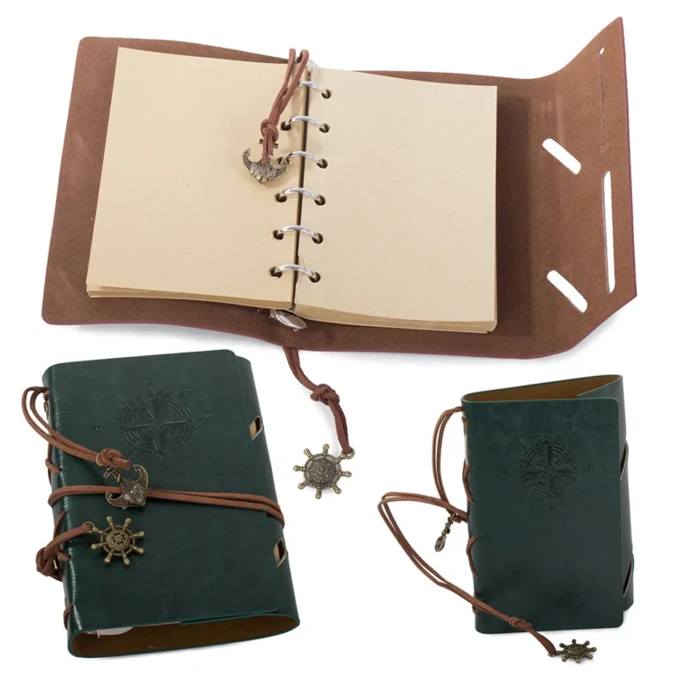 Jegyzetfüzet, napló, vintage tengerész mintás műbőr kötéssel, 10x15 cm, zöld