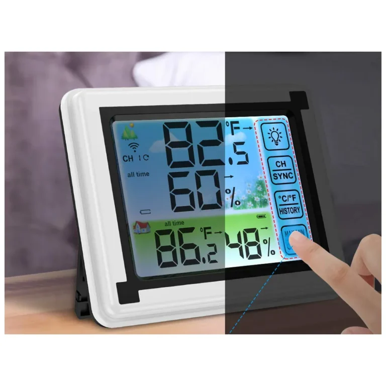 Vezeték nélküli, színes LCD-kijelzós hőmérséklet- és páramérő, 11,5x9,6x3,3 cm, fehér,