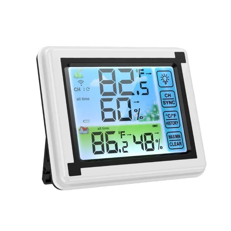 Vezeték nélküli, színes LCD-kijelzós hőmérséklet- és páramérő, 11,5x9,6x3,3 cm, fehér,