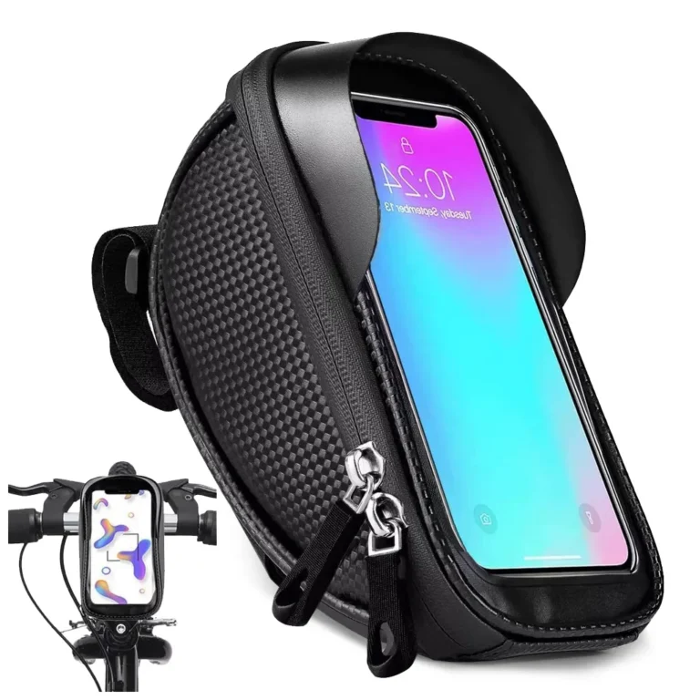 Vízálló kerékpártáska, telefontartó állítható tépőzáras pántokkal, 18cm x 9cm x 10cm, fekete