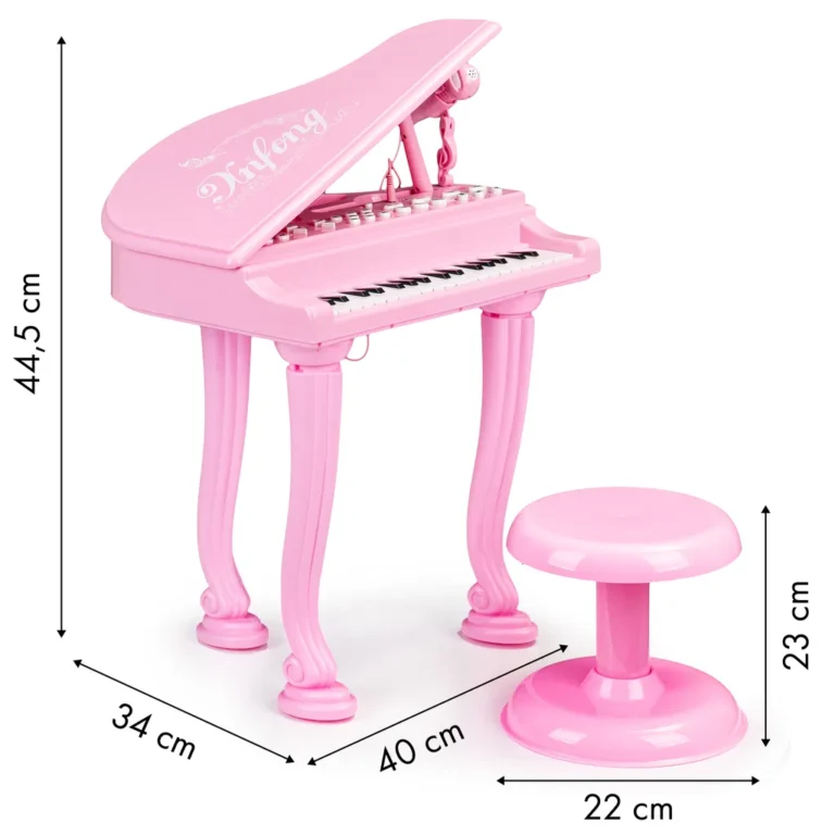 Elektronikus zongora telefon/mp3-lejátszó csatlakozási lehetőséggel, mikrofonnal, székkel, 40x34x44,5 cm, rózsaszín