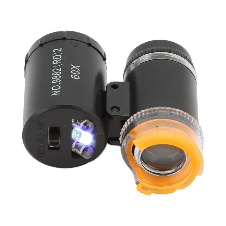 Zsebmikroszkóp tokban, UV és 2 LED, 60x nagyítás, fekete, 5x5 cm