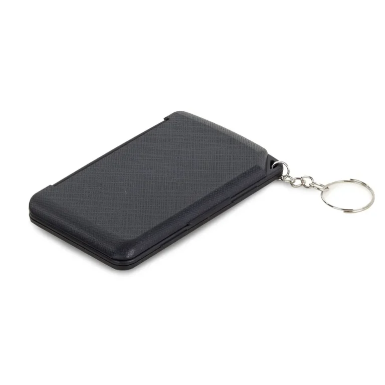 Kisméretű 8 számjegyű zsebszámológép kulcskarikával, tokban, 9,5 x 5,5 x 1 cm, fekete