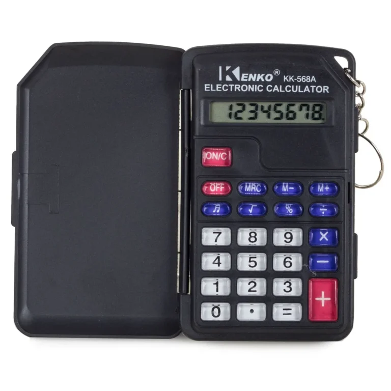 Kisméretű 8 számjegyű zsebszámológép kulcskarikával, tokban, 9,5 x 5,5 x 1 cm, fekete