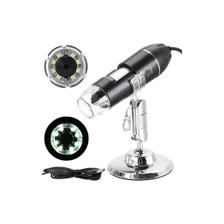 Hordozható digitális mikroszkóp, USB, fotó-videó, 8 LED, 5x digitális zoom, 1600X, fekete