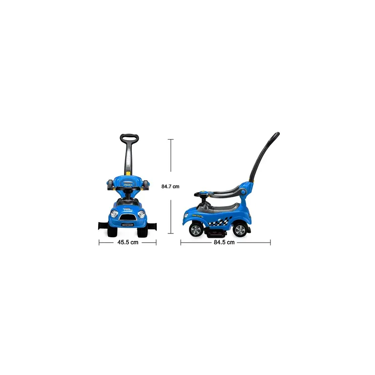 3 az 1-ben lábbal hajtható játékautó interaktív kormánnyal, levehető háttámlával és oldal korláttal, 84.5 x 84.7 x 45.5 cm, kék