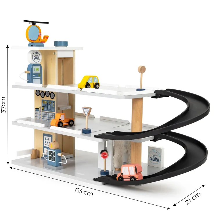 Nagy Fa Garázs, Parkoló Lifttel, Autókkal, Helikopterrel, ECOTOYS Autómosó | 1088