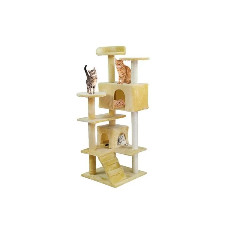 Játéktorony macskáknak sisal kötélrúddal, 2 házzal, 5 szint, 120 cm, bézs