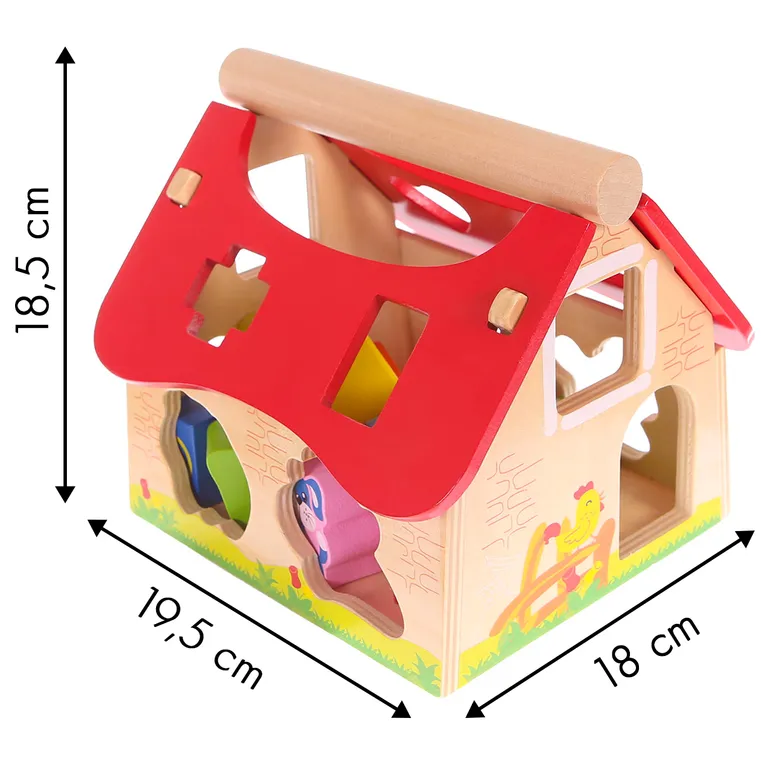 Fa Ház Forma Rendező ECOTOYS - Kézzel Készült, Színes Állatformájú Blokkokkal és Levehető Tetővel