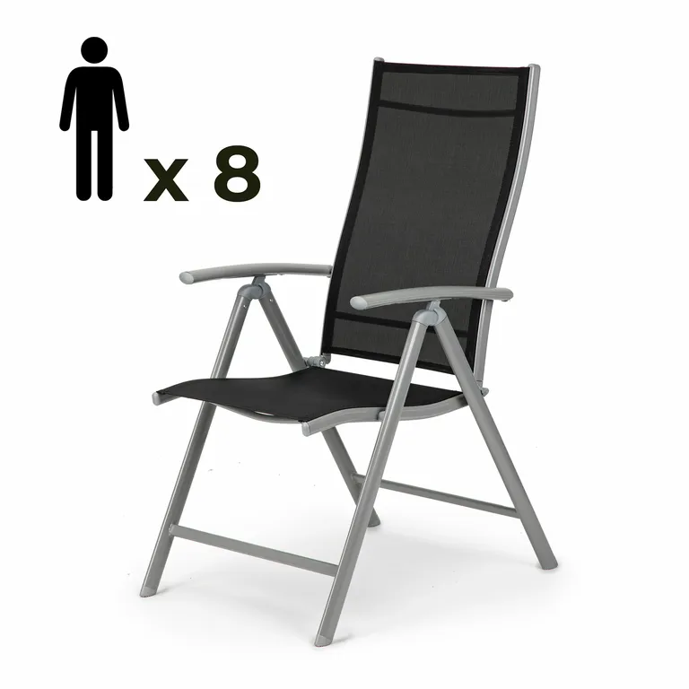 8 db-os fém kerti szék garnitúra állítható háttámlával, fekete-ezüst szín