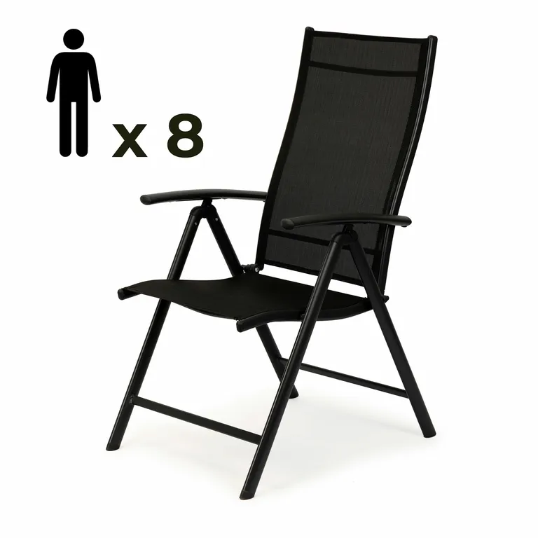 8 db-os fém kerti szék garnitúra állítható háttámlával, fekete