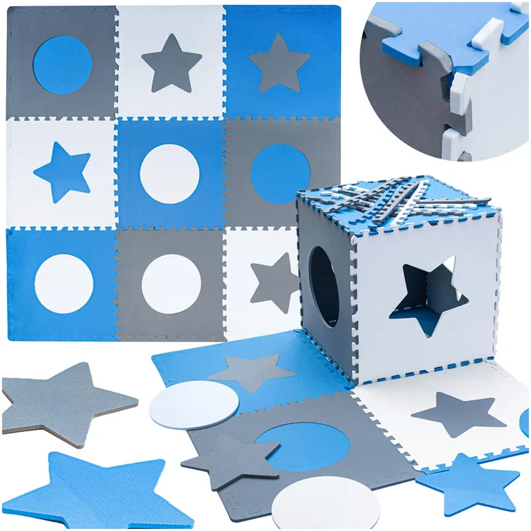 Hab Puzzle Gyerek Szőnyeg, 180x180 cm, 9 Elem, Szürke-Kék