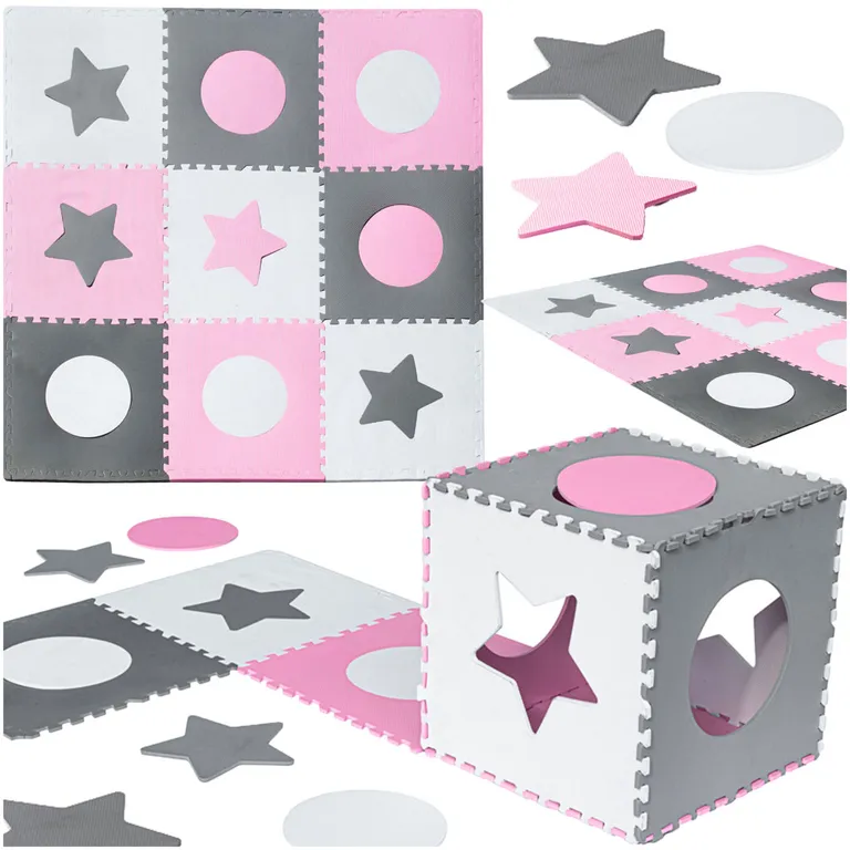 Hab Puzzle Gyerek Szőnyeg, 180x180 cm, 9 Elem, Szürke-Rózsaszín