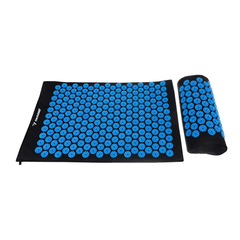Akupresszúrás masszázs szőnyeg 230 db tüskével, párnával és 2 db masszázsgömbbel, hordtáskában, 65x40x2cm, fekete-kék