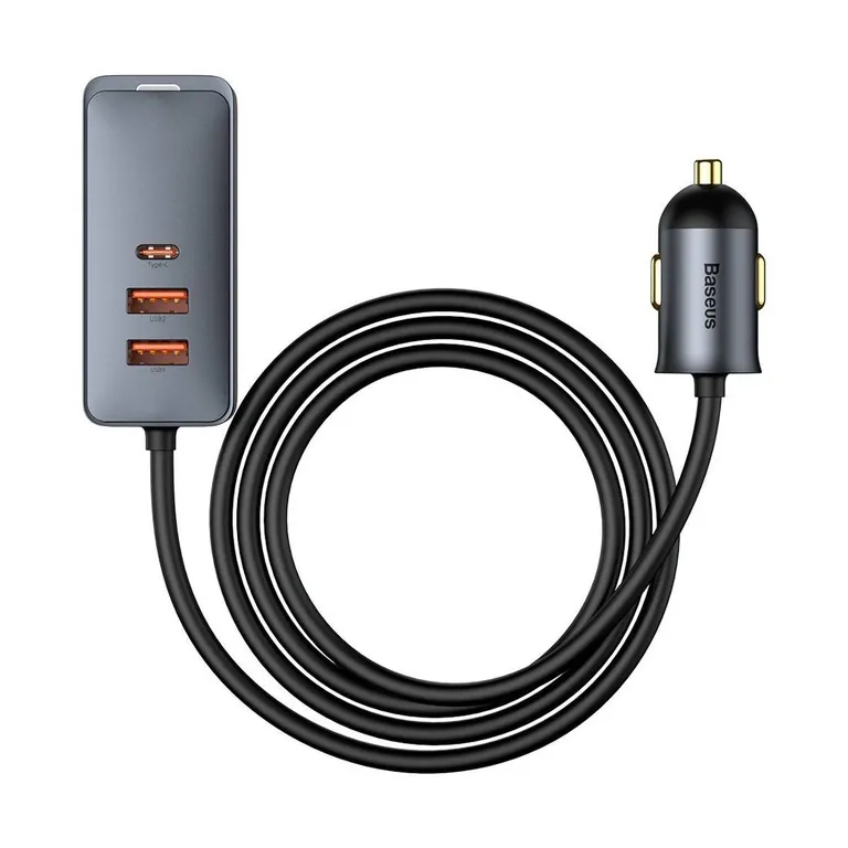 Autótöltő Baseus Share Together hosszabbítóval, 3x USB, USB-C, 120W (szürke)