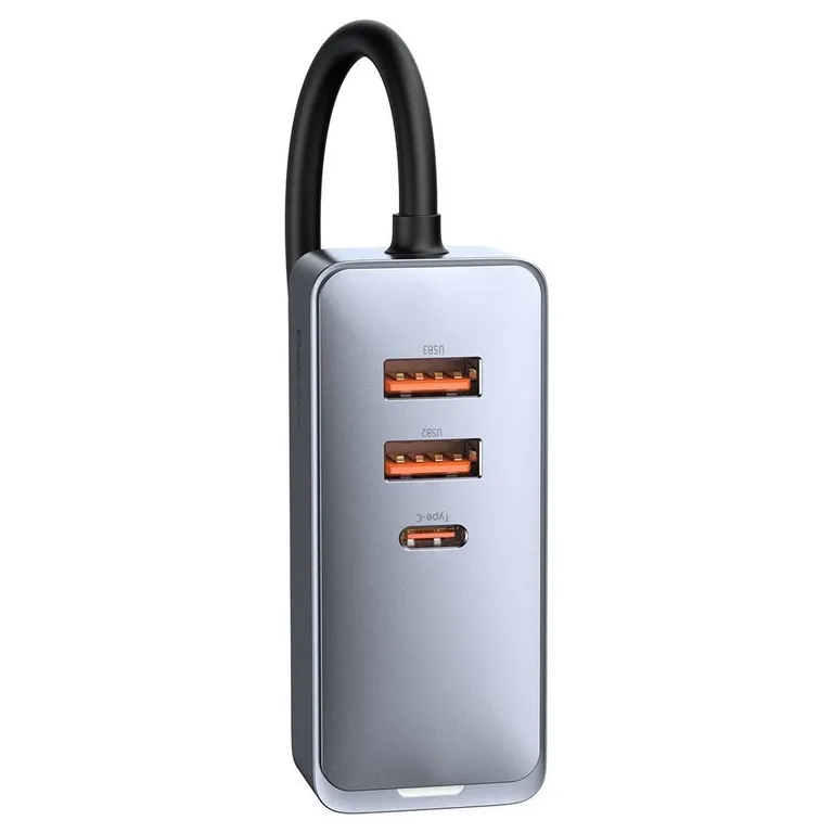Autótöltő Baseus Share Together hosszabbítóval, 3x USB, USB-C, 120W (szürke)