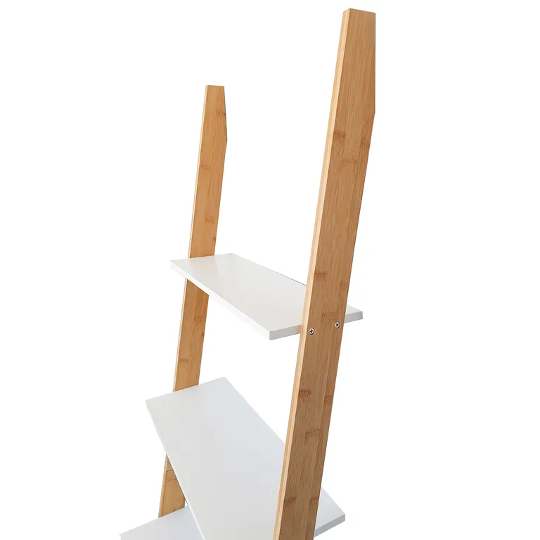 Létra alakú bambusz könyvespolc, dekoratív állvány, 177x55x13-35 cm, fehér-fa szín