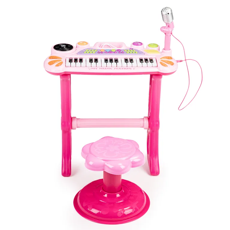 Elektronikus zongora telefon/mp3-lejátszó csatlakozási lehetőséggel, mikrofonnal, székkel, 40x34x44,5 cm, rózsaszín