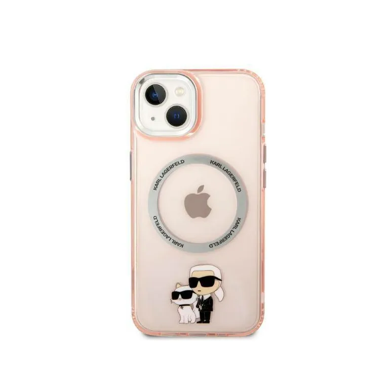 Eredeti eset iPhone 14 Karl Lagerfeld Hardcase ikonikus Karl & Choupette Magsafe (KLHMP14SHNKCIP) Rózowe