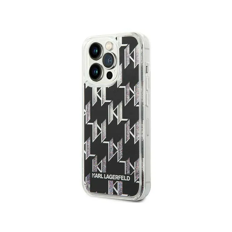 Eredeti eset iPhone 14 Pro Karl Lagerfeld Hardcase folyékony csillogó monogram (KLHCP14llmnmk) Fekete