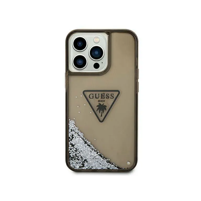 Eredeti eset iPhone 14 Pro Max Guess Hardcase Liquid Glitter Palm Collection átlátszó fekete