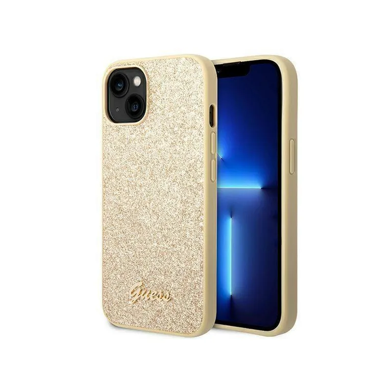 Eredeti iPhone 14 Guess Hard Case Glitter Script Gold