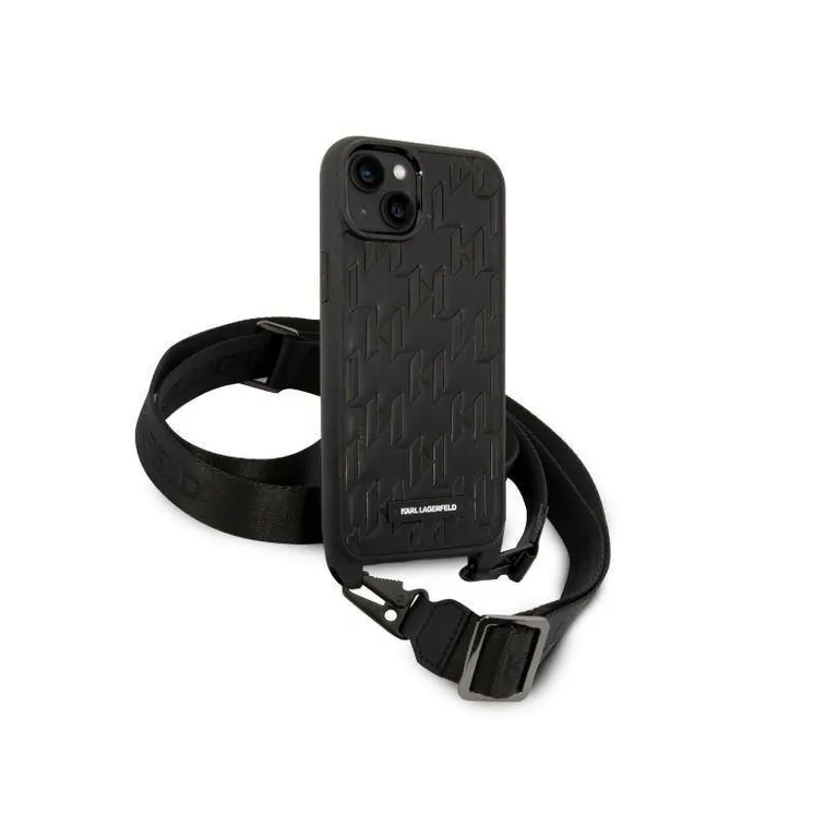 Eredeti iPhone 14 Plus Karl Lagerfeld Hardcase Monogram Plakque Strap logó (KLHCP14MSTMM) Fekete