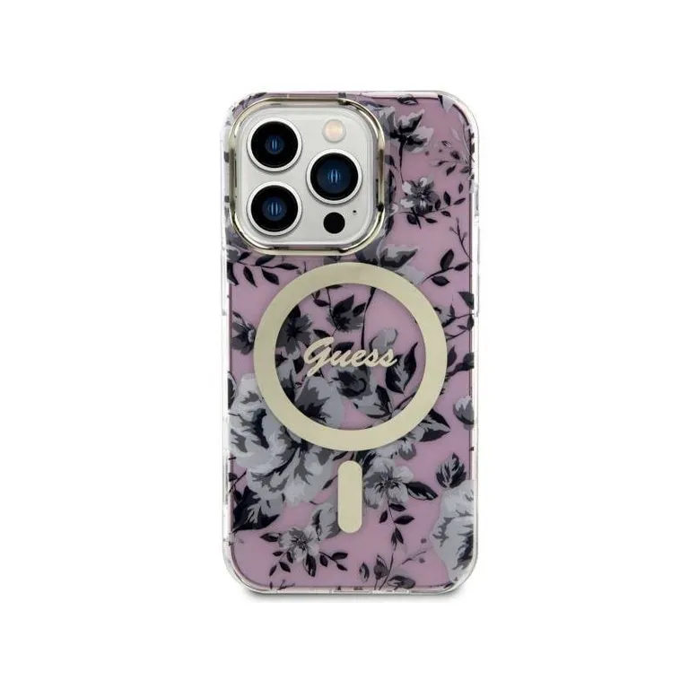 Eredeti tok IPHONE 14 PRO MAX Guess kemény tok Flower MagSafe (GUHMP14XHCFWSP) rózsaszínű