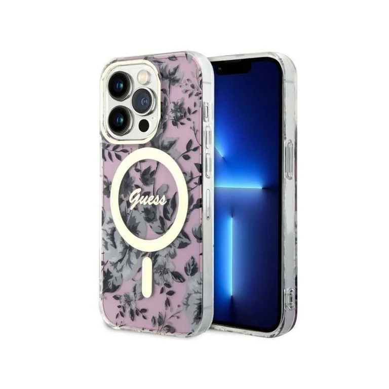 Eredeti tok IPHONE 14 PRO MAX Guess kemény tok Flower MagSafe (GUHMP14XHCFWSP) rózsaszínű