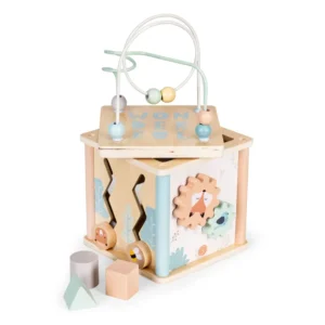 Ecotoys fa oktató kocka, szortírozó játék levehető fedéllel, 16x16x17/31 cm, pasztel színű