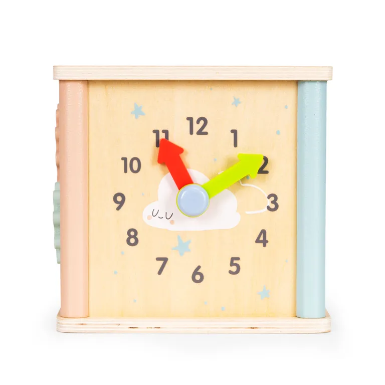 Ecotoys fa oktató kocka, szortírozó játék levehető fedéllel, 16x16x17/31 cm, pasztel színű