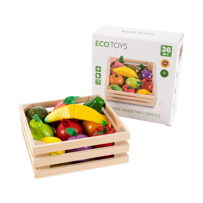 ECOTOYS fa gyümölcsök mágnessel, fa ládában (16x16 cm), színes