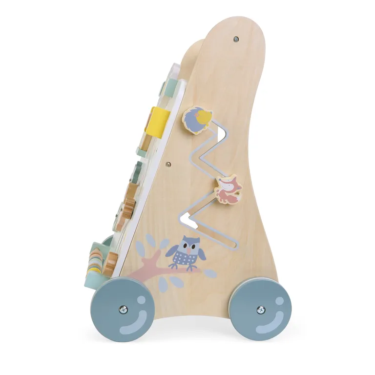ECOTOYS interaktív fa járássegítő, tologatható oktató kocsi kerekekkel, 32x31x50 cm, pasztel színű