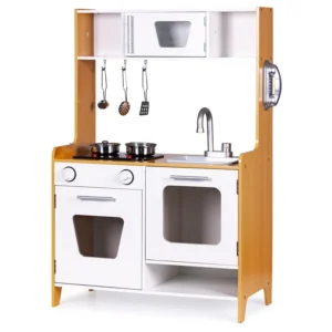 ECOTOYS fa babakonyha fény- és hanghatással, edényekkel, kiegészítőkkel, 60x30x90 cm, fehér-fa szín