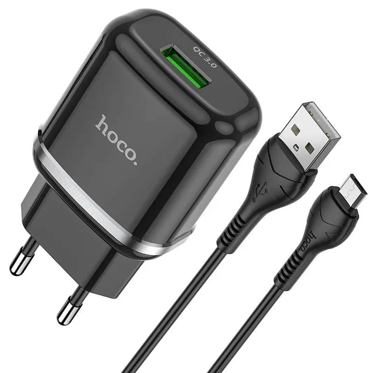 Fali tölto 18W QC3.0 1XUSB + MICRO USB CABLE 1M Gyors töltés HOCO N3 BLACK