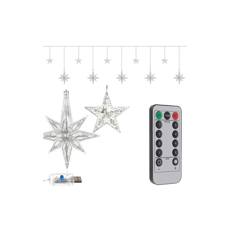 USB-csatlakozós, 138 LED-diódás és 12 LED-csillagos, hideg fehér színű távirányítós karácsonyi fényfüzér 8 világítási móddal, 3.m+ 2 m vezeték