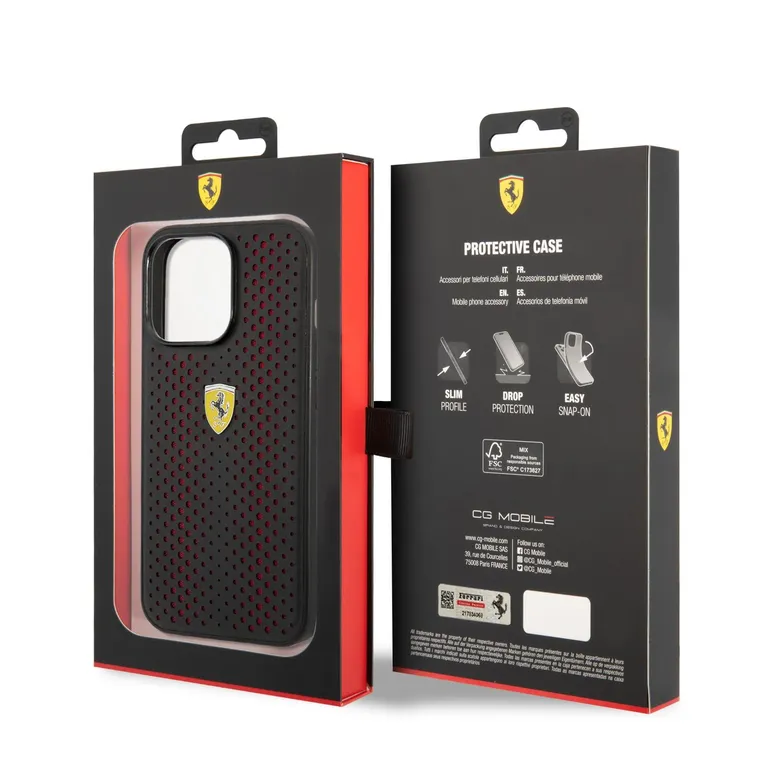 Ferrari PU bőr perforált hátlap iPhone 14 Pro Max piroshoz