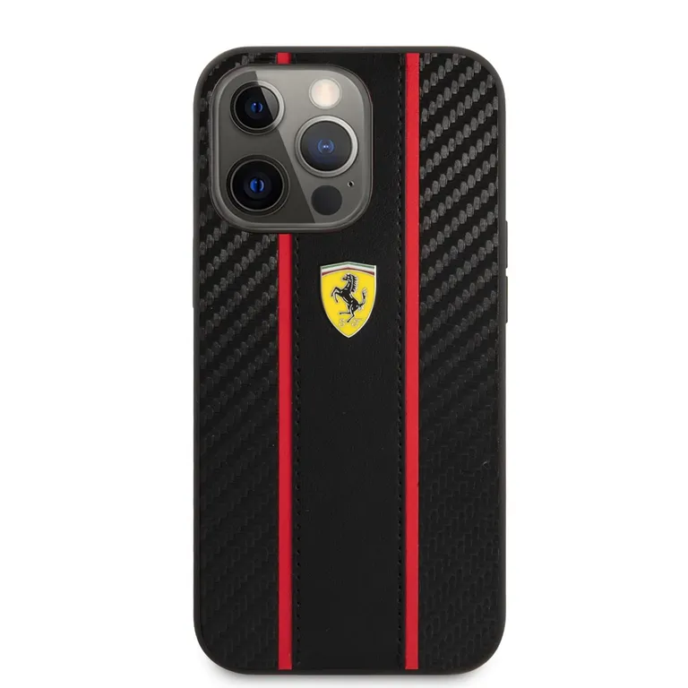 Ferrari PU Carbon Effect fém logós hátlap iPhone 14 Pro Max-hoz Fekete