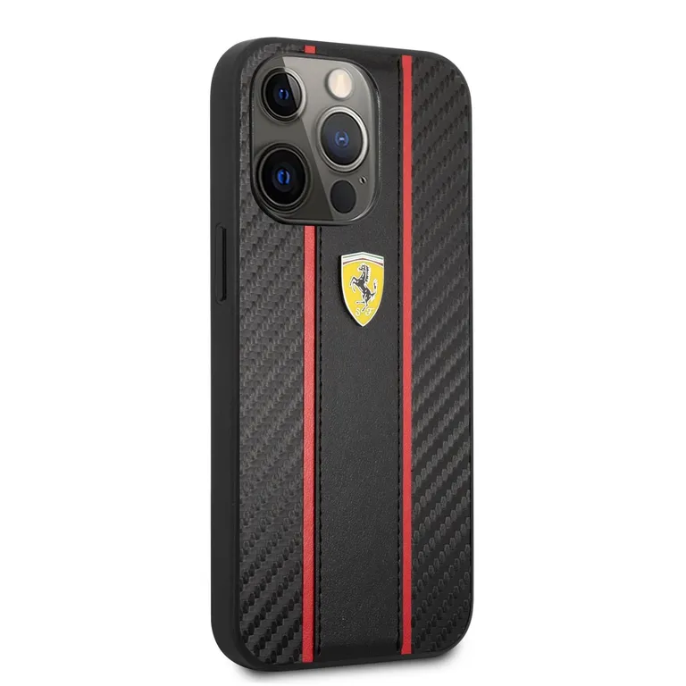 Ferrari PU Carbon Effect fém logós hátlap iPhone 14 Pro Max-hoz Fekete