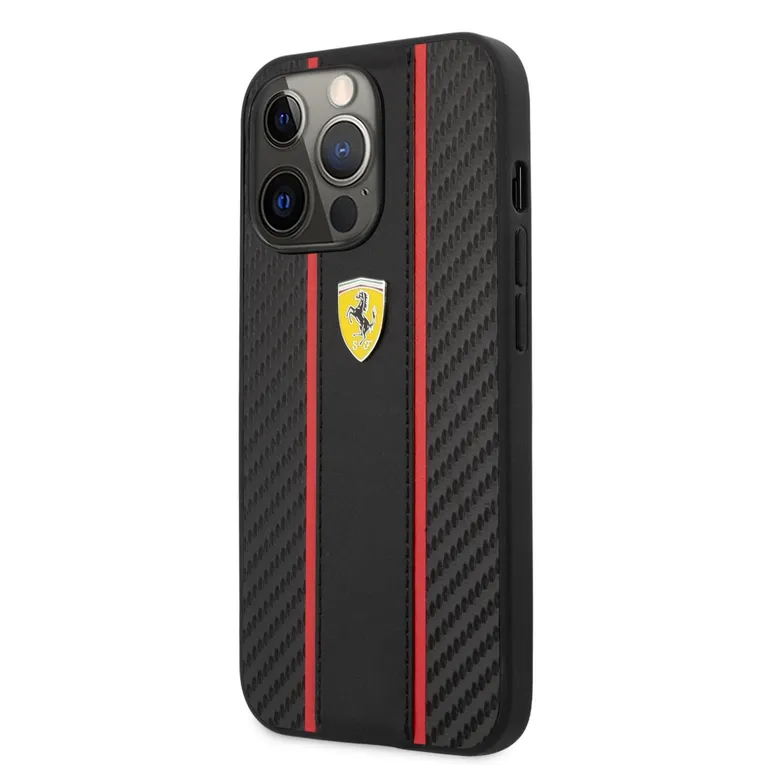 Ferrari PU Carbon Effect fém logós hátlap iPhone 14 Pro Max-hoz Fekete