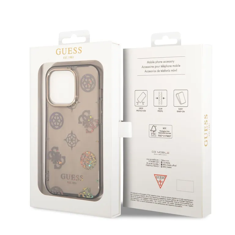 Guess PC/TPU Peony Glitter hátlap az iPhone 14 Pro fekete készülékhez