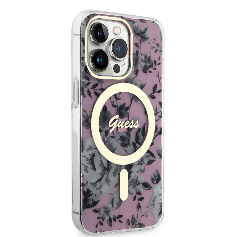 Guess PC/TPU Virágok IML MagSafe kompatibilis hátsó borító iPhone 13 Pro rózsaszínhez tok