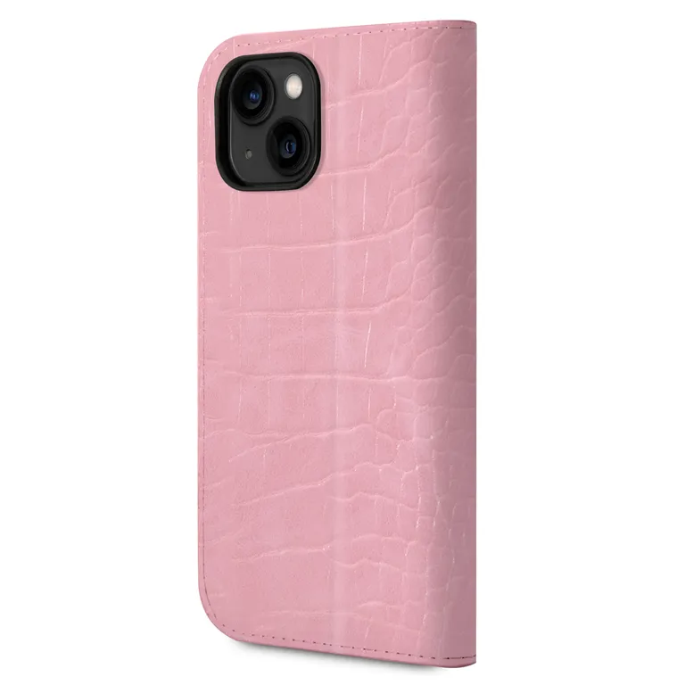 Guess PU Croco fém fényképezőgép körvonallal Book Pouzdro pro iPhone 14 Plus Rózsaszín tok